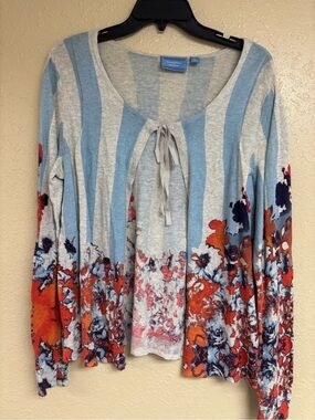 Vera Wang Blue & Gray Striped Long-Sleeve Top with Orange Floral Border